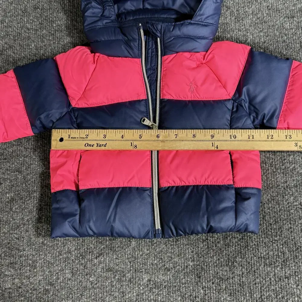 Ralph Lauren Jacket Infant Girls 6M Pink Navy Striped Hooded Down Puffer Winter